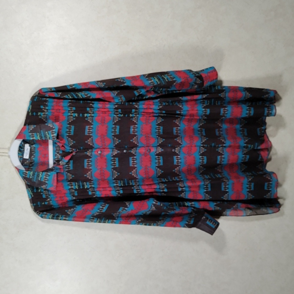 6108 Tasha Polizzi brown, turquoise & red sheer L/S tunic M